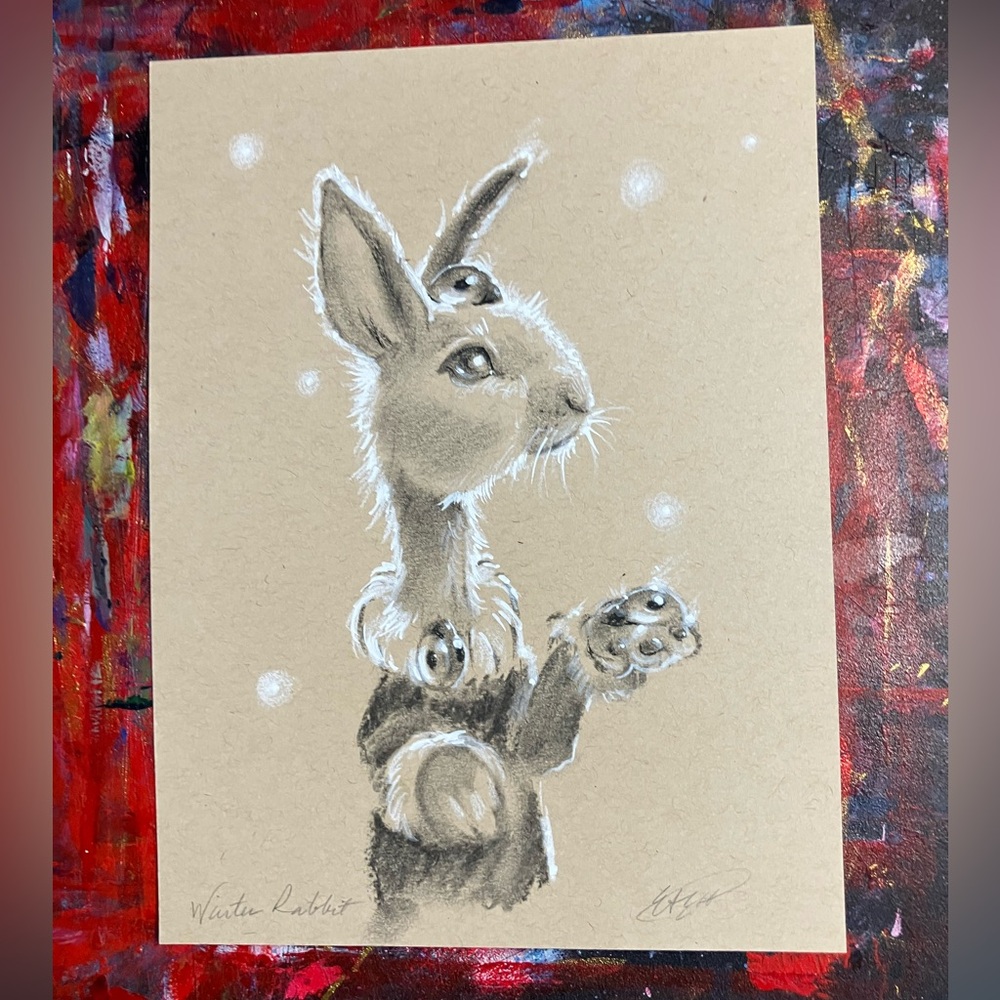 Original rabbit Art Winter Whimsical bunny Fantasy animal surrealism decor USA